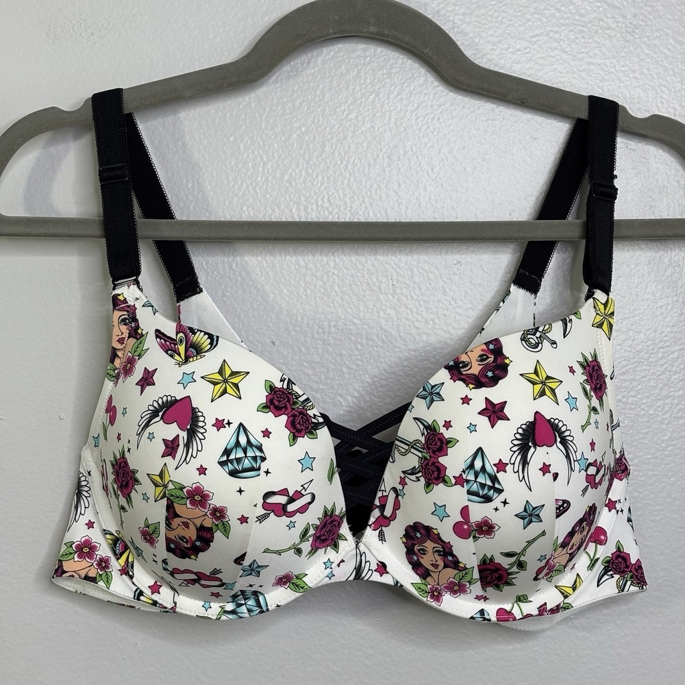 Torrid XO Plunge Push Up Bra Size 40B Flash Tattoo Graphic Print